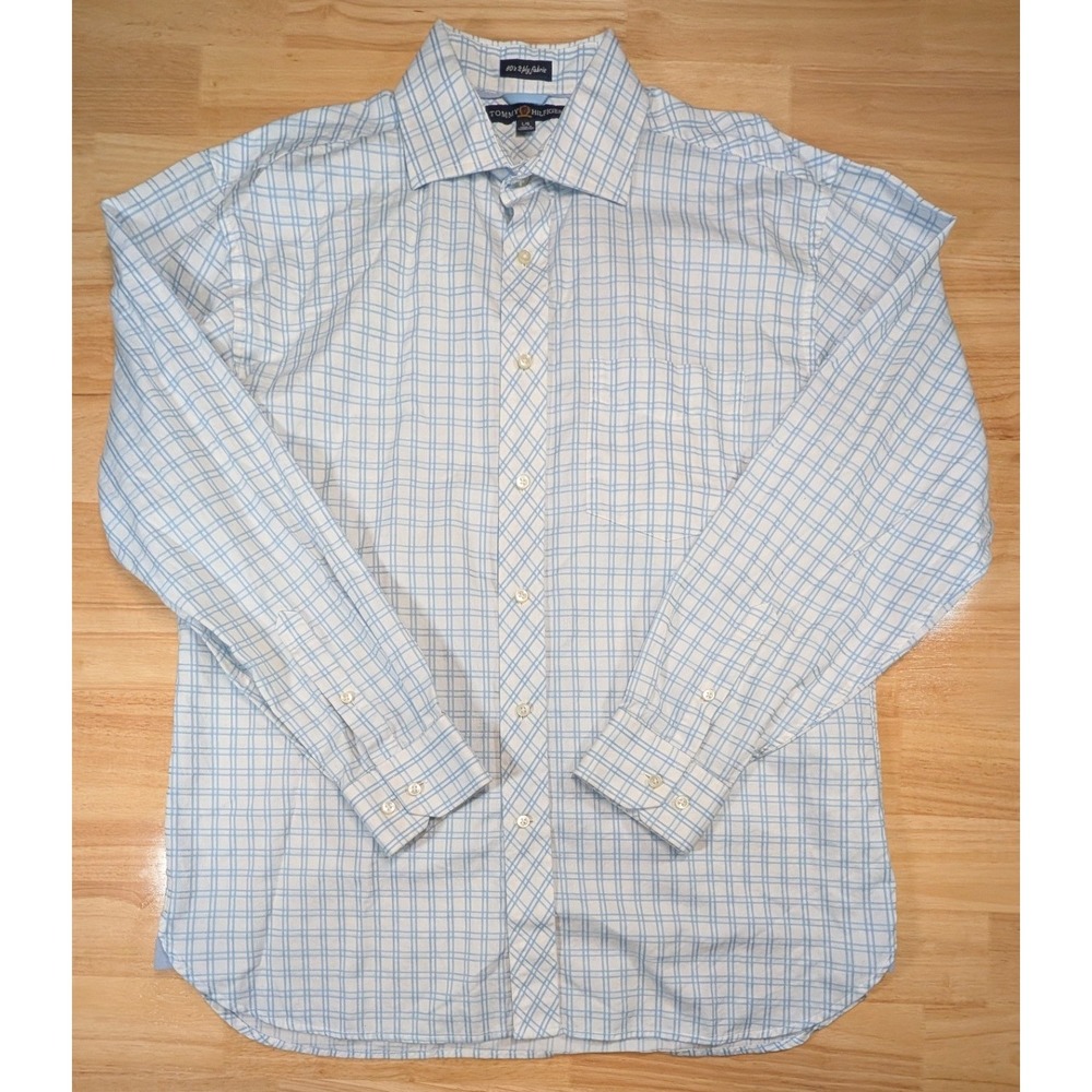Tommy Hilfiger Mens Large White Blue Windowpane Check 80s 2 Ply Cotton Shirt L